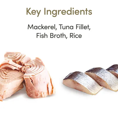 Belangrijkste ingrediënten: Mackerel, Tuna Fillet, Fish Broth, Rice (Engels). Afbeelding van tonijn- en makreelstukken op witte achtergrond.