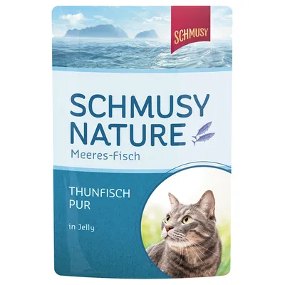 Schmusy Nature havfisk tunfisk ren i gelé. Emballage med billede af en kat og havbaggrund.