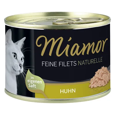 Miamor Feine Filets Naturelle Huhn -kissanruokapurkki, teksti: im eigenen Saft. Kansi metallia, etiketissä valkoinen kissa ja kanan fileepala. Tekstit saksaksi.