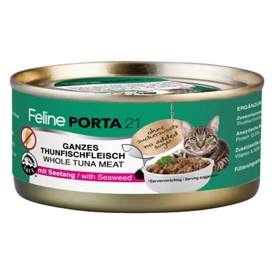 Feline Porta 21, egész tonhalhús tengeri algával. Hozzáadott cukor nélkül. Kiegészítő eledel macskáknak. Analitikai összetevők: fehérje 12,5%. Tálalási javaslat látható.