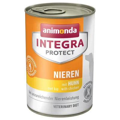 Blik Animonda Integra Protect Nieren met kip, bij onvoldoende nierfunctie, fosforgereduceerd, graanvrij. Tekst in Duits en Nederlands zichtbaar op verpakking.