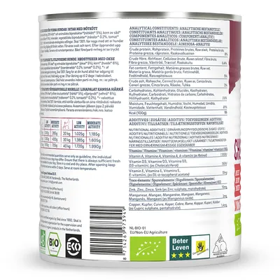 Voedingsadvies per hondengewicht: 5 kg 285g, 10 kg 480g, 20 kg 805g. Voedingsanalyse: eiwit 8%, vet 6%, ruwe vezel 0,5%, as 2%. Beter Leven 3 sterren, EU-bio keurmerk.