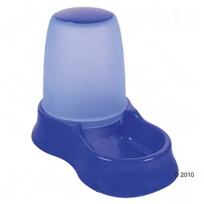 Distributore automatico per acqua o cibo in plastica blu con serbatoio trasparente, adatto per pet. Nessun marchio visibile.