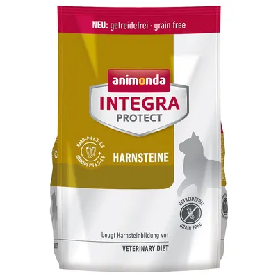 animonda INTEGRA PROTECT HARNSTEINE, getreidefrei, urinary pH 6,5–6,8, VETERINARY DIET. Kissansiluetti pakkauksessa. Teksti saksaksi ja englanniksi.