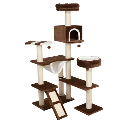 Rascador para gatos de varios niveles con postes de sisal, plataformas, cueva, hamaca, cama redonda y rampa. Estructura marrón y blanca, materiales: tela y sisal.