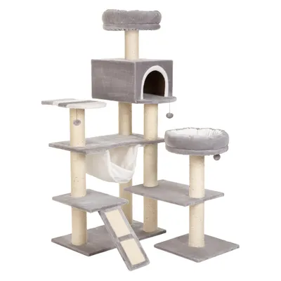Rascador para gatos de varios niveles en color gris, con postes de sisal, cueva, hamaca, plataformas y dos camas redondas. Incluye pelotas colgantes visibles.
