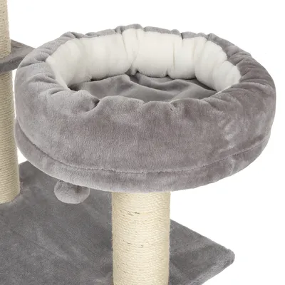 Grauer Kratzbaum mit weichem, gepolstertem Liegeplatz und Sisal umwickelten Stämmen. Ideal für Katzen zum Entspannen und Kratzen.