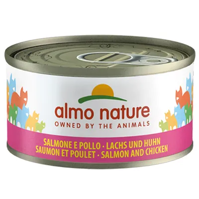 almo nature OWNED BY THE ANIMALS, zalm en kip, SALMONE E POLLO · LACHS UND HUHN · SAUMON ET POULET · SALMON AND CHICKEN op blik kattenvoer zichtbaar