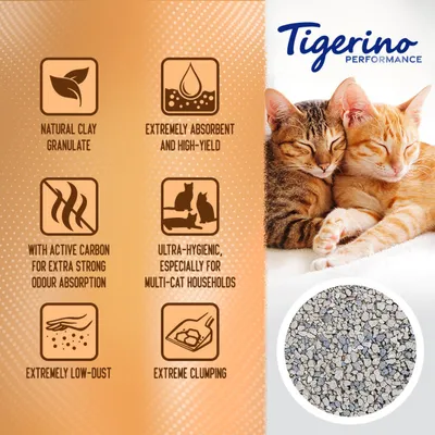 Tigerino Performance. Natural clay granulate, extremely absorbent and high-yield, with active carbon for extra strong odour absorption, ultra-hygienic, extremely low-dust, extreme clumping.