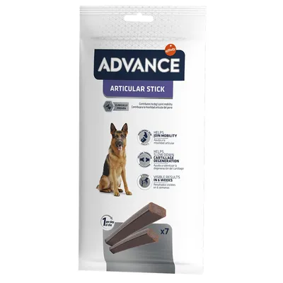 Confezione Advance Articular Stick, 7 stick visibili, cane pastore tedesco, testi in inglese: aiuta la mobilità articolare, rallenta la degenerazione della cartilagine, risultati in 6 settimane.