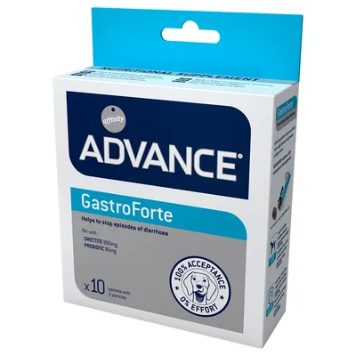 Opakowanie Advance GastroForte, 10 saszetek. Widoczne napisy: Helps to stop episodes of diarrhoea, SMECTITE 980 mg, PREBIOTIC 86 mg, 100% acceptance 0% effort.