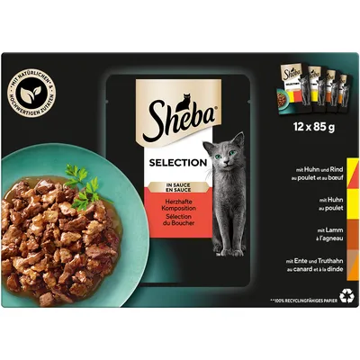 Sheba Selection em molho, embalagem de 12 x 85 g. Variedades: frango e vaca, frango, borrego, pato e peru. Texto visível em alemão e francês. Imagem de comida húmida para gato.