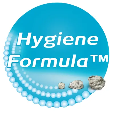 Hygiene Formula™ mit blauen Perlen und kleinen Steinen, Produktmerkmal für Hygiene und Sauberkeit.