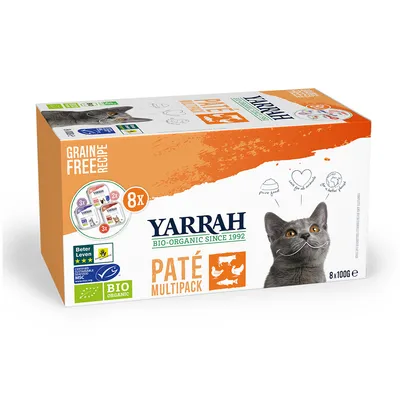 Yarrah Bio-Organic Paté multipack voor katten, 8x100g. Graanvrij recept, MSC- en Bio-gecertificeerd, Beter Leven 3 sterren. Bevat kip en kalkoen.