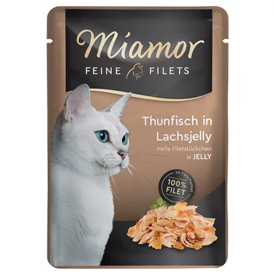 Miamor Feine Filets tuniak v lososovom želé. Svetlé kúsky filety v želé, 100 % filet vo flexibilnom vrecku.