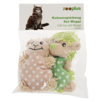 Zooplus σετ παιχνιδιών για γάτες Moppi, δύο υφασμάτινα ζωάκια με πουά σχέδια σε μπεζ και πράσινο, συσκευασμένα σε διαφανή σακούλα.