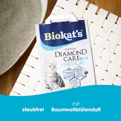 Biokat's Diamond Care Fresh Multicat Katzenstreu, staubfrei, mit Baumwollblütenduft, FreshLock Formula mit Aktivkohle.