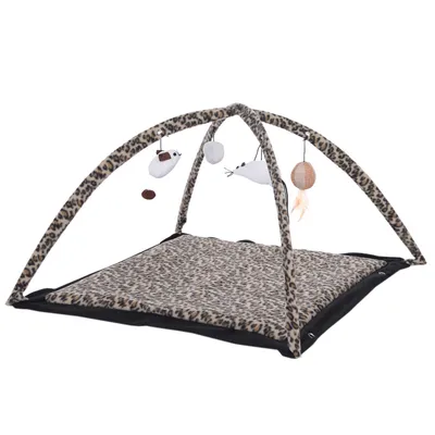 Alfombra de juego con estampado de leopardo y arco de juegos, juguetes colgantes como ratones, pelota y pluma. Ideal para juego interactivo.