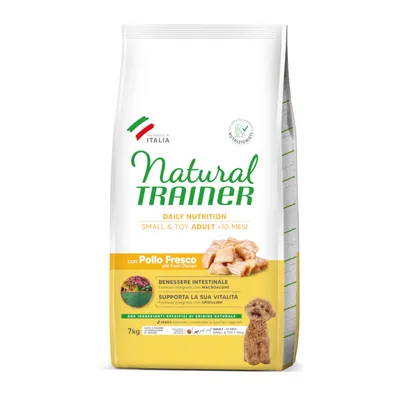 Natural Trainer Daily Nutrition Small & Toy Adult >10 Mesi mit frischem Huhn, 7kg. Unterstützt Darmgesundheit mit Makroalgen und Vitalität mit Spirulina. Ohne Farbstoffe und Konservierungsstoffe.