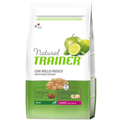 Natural Trainer hundefoder, CON POLLO FRESCO WITH FRESH CHICKEN, SEMI DI LINO FLAX SEED, ESTRATTI DI LIEVITO YEAST EXTRACTS, MAXI, JUNIOR 2–8 MÅNEDER, Made in Italy synligt på pakken.