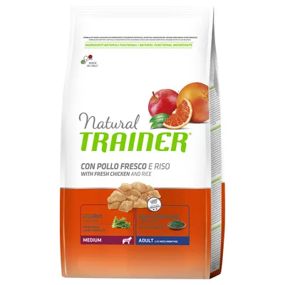 Natural Trainer CON POLLO FRESCO E RISO WITH FRESH CHICKEN AND RICE, medium adult, cikorie og alga spirulina, Made in Italy. Billede af kyllingestykker, grapefrugt og æble på posen.