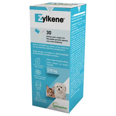 Zylkene, 30 cápsulas para gatos e cães pequenos até 10 kg. Ajuda em situações de stress como solidão, ruídos altos, viagens e visitas ao veterinário. Marca: Vetoquinol.