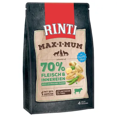 Rinti Max-i-mum 70 % Fleisch & Innereien, reich an frischem Pansen, mit 30 % Gemüse, getreidefrei, 4 Kilogramm. Tekst på tysk.