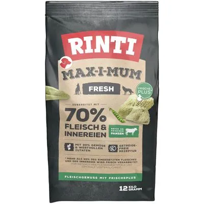 Rinti Max-i-mum Fresh hondenvoer, 70% vlees & inwendige organen, met 30% groente, graanvrij, rijk aan verse pens, 12 kilogram. Tekst deels in het Duits.
