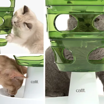 Katten gebruiken een groene Catit voerpuzzel met witte basis. Merknaam 'catit.' zichtbaar op de standaard. Drie katten tonen interactie met het product.