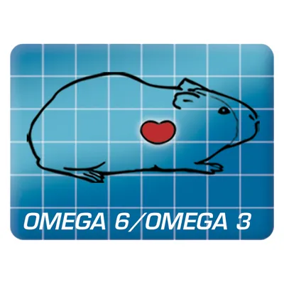 Tekst: OMEGA 6/OMEGA 3. Illustratie van een cavia met rood hartje op de borst, blauwe achtergrond met raster.