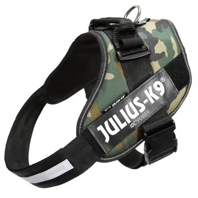 Pettorina per cani Julius-K9 IDC Power con motivo mimetico, fibbia in plastica nera, anello metallico e scritta visibile 'JULIUS-K9 IDC POWER' sul lato.