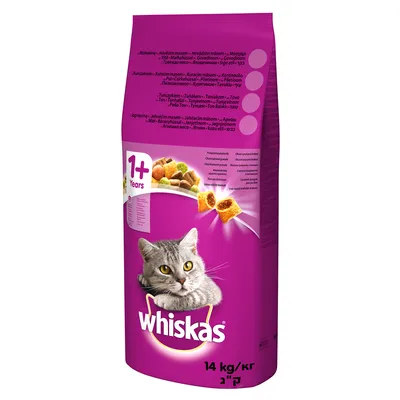 Whiskas tørfoder til katte fra 1 år, 14 kg pakke. Indeholder oksekød, kylling, kalkun og lam. Pakken viser en kat og foderstykker.