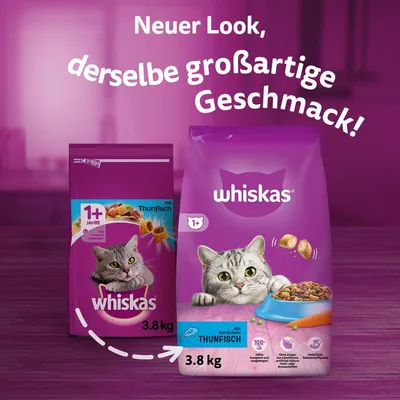 Whiskas Katzenfutter mit Thunfisch, 1+ Jahre, 3.8 kg. Neuer Look, derselbe grossartige Geschmack. Ohne Zusatz künstlicher Farb- oder Aromastoffe, natürliche Ballaststoffe für Verdauung.