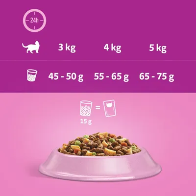 Recomandare de hrănire pentru pisici: 3kg greutate corporală 45-50g, 4kg 55-65g, 5kg 65-75g pe zi. 15g hrană uscată echivalează cu o porție de hrană umedă.