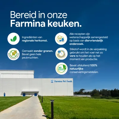 Farmina Pet Foods: Ingrediënten van regionale herkomst, graanvrij en zonder peulvruchten, wetenschappelijk ontwikkeld, verse verpakking, uitsluitend natuurlijke conserveermiddelen. Farmina Pet Foods: Ingrediënten van regionale herkomst, graanvrij en zonder peulvruchten, wetenschappelijk ontwikkeld, verse verpakking, uitsluitend natuurlijke conserveermiddelen.