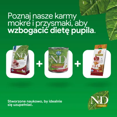 N&D Prime karma sucha, karma mokra i przysmaki dentystyczne od Farmina. Opracowane naukowo jako suplementacja żywienia. N&D Prime karma sucha, karma mokra i przysmaki dentystyczne od Farmina. Opracowane naukowo jako suplementacja żywienia.