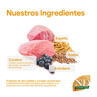 Ingredientes: carne de cordero, arándanos, espelta, avena. Proteínas de alta calidad y cereales ancestrales para una alimentación equilibrada. Marca: N&D Ancestral Grain. Ingredientes: carne de cordero, arándanos, espelta, avena. Proteínas de alta calidad y cereales ancestrales para una alimentación equilibrada. Marca: N&D Ancestral Grain.