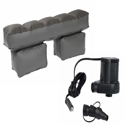 Graues aufblasbares Kissen-Set mit zwei Stützen und elektrischer Luftpumpe, inklusive Adapter und Kabel für Autoanschluss.