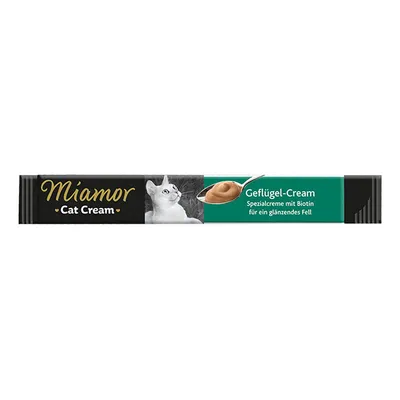 Miamor Cat Cream Geflügel-Cream, Spezialcreme mit Biotin für ein glänzendes Fell, zobrazený obal s obrázkem kočky a krémem na lžičce