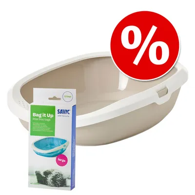Savic Bag it Up litter tray bags, 12 Stück, neben einer beigen Katzentoilette mit weißem Rand. Großes rotes Prozentzeichen für Rabattaktion sichtbar.