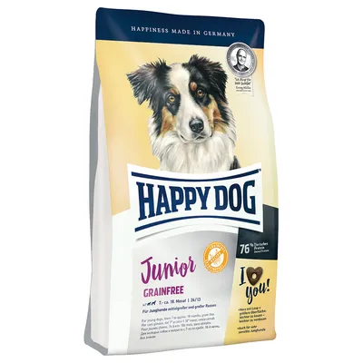 Confezione di crocchette Happy Dog Junior Grainfree, 76% proteine animali, per cani giovani. Testo visibile: 'Happiness made in Germany', 'I love you!', informazioni in tedesco e inglese.