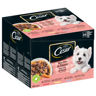 Caja de 24 sobres Cesar Selection in Sauce, variedad con ternera y zanahorias, pollo y verduras, cordero y guisantes, pavo y zanahorias. Imagen de perro blanco en el envase.