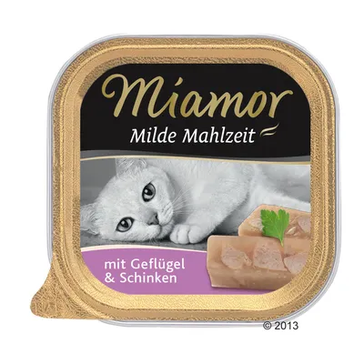 Miamor Milde Mahlzeit, mit Geflügel & Schinken. Billede af kat og stykker kød med persille på emballagen.