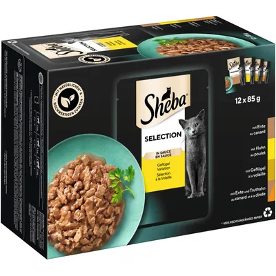 Sheba Selection Wariant drobiowy w sosie, 12 x 85 g. Z naturalnych i wysokiej jakości składników. Smaki: kaczka, kurczak, drób, kaczka i indyk. Sheba Selection Wariant drobiowy w sosie, 12 x 85 g. Z naturalnych i wysokiej jakości składników. Smaki: kaczka, kurczak, drób, kaczka i indyk.