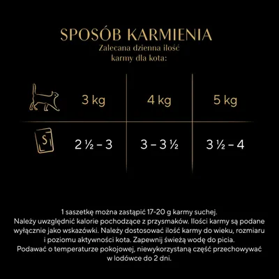 Tabela żywienia dla kotów: 3 kg – 2½ do 3 saszetek, 4 kg – 3 do 3½ saszetek, 5 kg – 3½ do 4 saszetek dziennie. Wskazówki dotyczące dostosowania i przechowywania poniżej. Tabela żywienia dla kotów: 3 kg – 2½ do 3 saszetek, 4 kg – 3 do 3½ saszetek, 5 kg – 3½ do 4 saszetek dziennie. Wskazówki dotyczące dostosowania i przechowywania poniżej.