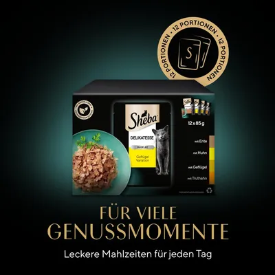 Sheba Delikatesse in Gelee, Geflügel Variation, 12 x 85 g. Sorten: Ente, Huhn, Geflügel, Truthahn. Für viele Genussmomente. Leckere Mahlzeiten für jeden Tag.