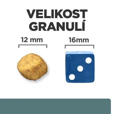 Porovnanie veľkosti granule 12 mm a modrej kocky 16 mm, text: VELIKOST GRANULÍ. Text v češtine.