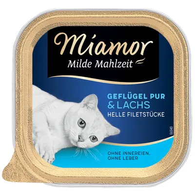 Miamor Milde Mahlzeit kattefoder. Geflügel pur & Lachs, helle Filetstücke. Ohne Innereien, ohne Leber. Billede af hvid kat på emballagen.