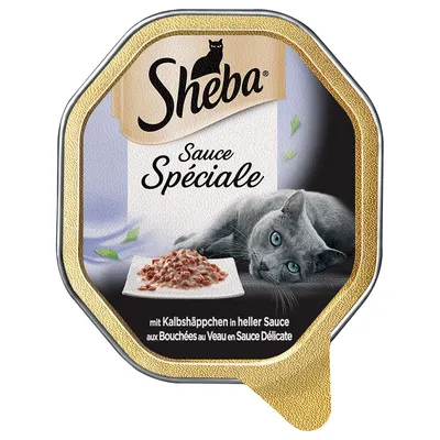 Sheba Sauce Spéciale, mit Kalbshäppchen in heller Sauce. Billede af grå kat og tallerken med vådfoder på emballagen.