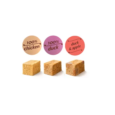 Drei Würfel mit Beschriftung: 100% chicken, 100% duck, duck & apple. Zeigt verschiedene Sorten und Zusammensetzungen der Produktwürfel.